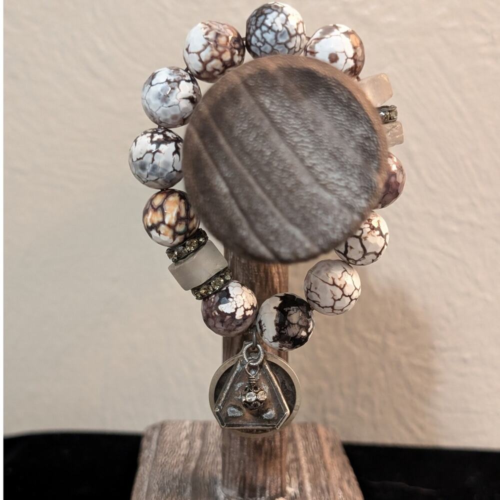 Angel Wing Alunite Beaded Icon Charm  Stretch Bracelet